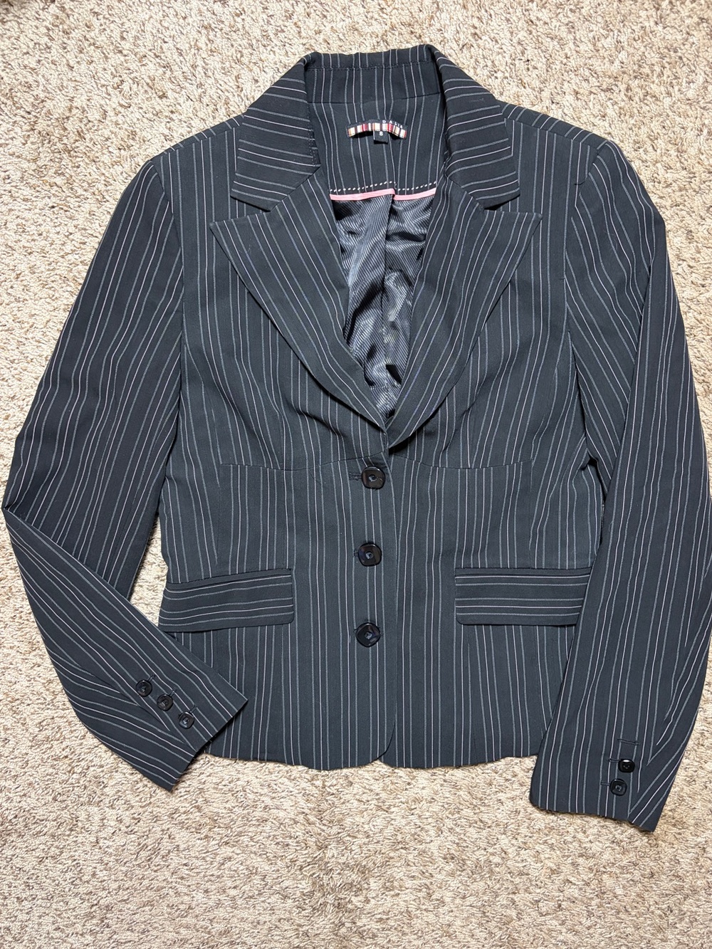 Black Blazer with Pink Pinstripes | Tailored Career Jacket | Size 6